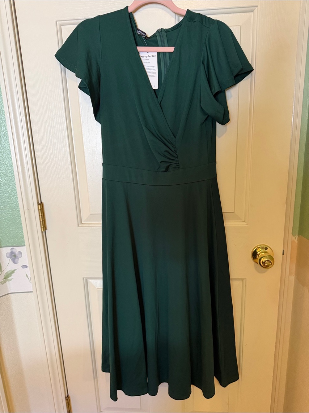 Deep Green Midi Surplice Dress with Flutter Sleeves